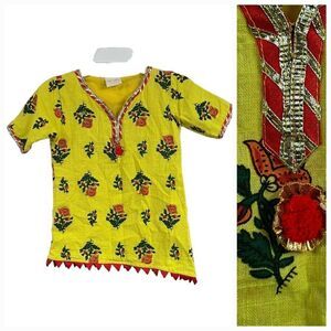 Girls Linen Yellow Floral Print Festive Kurta Indian Tunic Top 6-7 yrs Bollywood